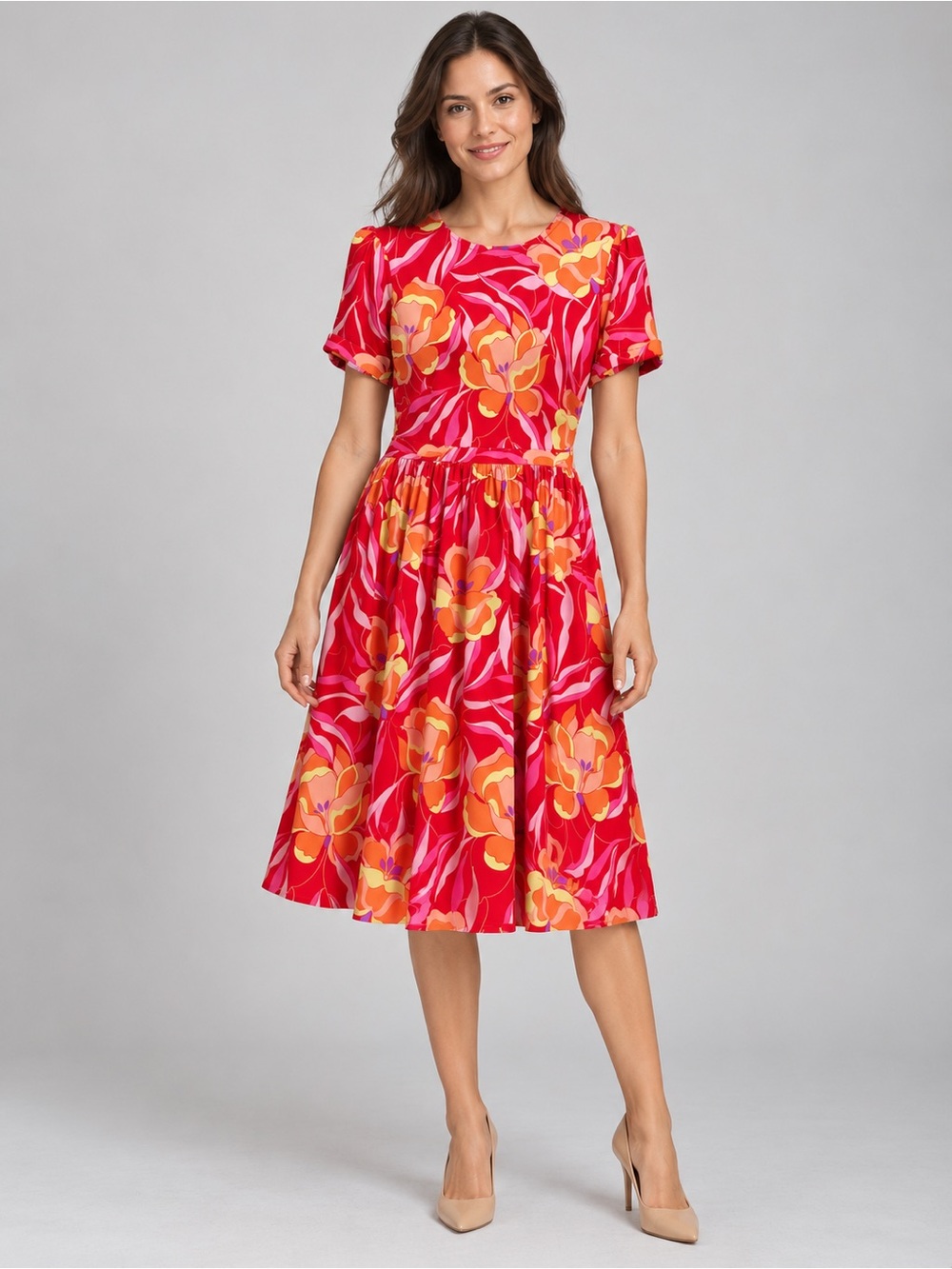 Maggy London Red Floral Short Sleeve Fit & Flare Dress Size 6 NWT